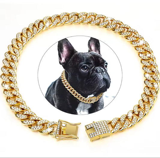 Dog Chain Diamond Cuban Collar Walking Metal Chain Collar with Design Secure Buckle, Pet Cat Cuban Collar Jewelry Accessories